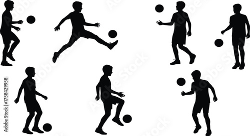 Silhouette vector illustration of soccer players with ball in dynamic poses, dribbling, kicking, controlling, training, athletic movement, football sport, isolated background