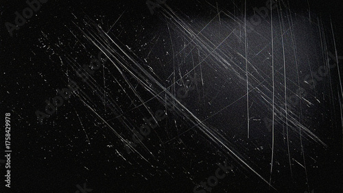 Dark grunge texture background with heavy white scratches and dust particles. Ideal for film overlays, vintage photography effects, retro designs, and creative digital projects.