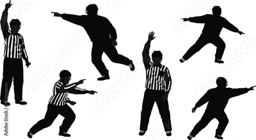 Silhouette vector illustration of referees in striped uniform making sports hand signals, whistle gestures, umpire communication poses, isolated white background
