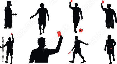Silhouette vector illustration of soccer referee showing red card with football, disciplinary action, rules enforcement, penalty decision, authority gesture, isolated background