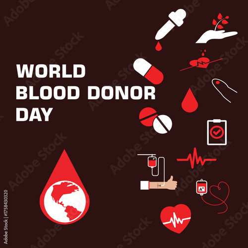 World blood donor day graphic with medical icons and earth symbol representing global blood donation efforts