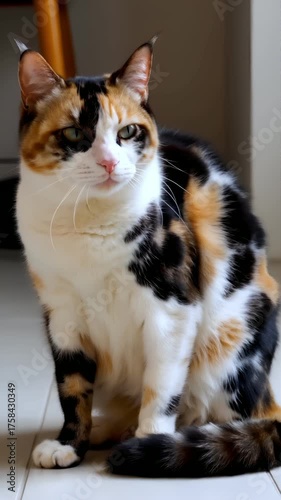 Three colored cat sitting on the floor
