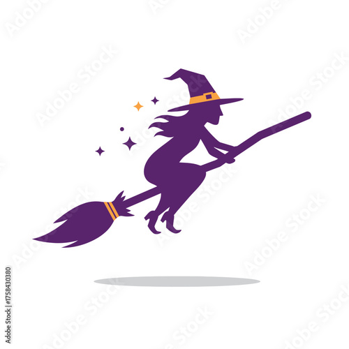 A purple silhouette of a witch with a pointed hat flying on a broomstick with sparkles.