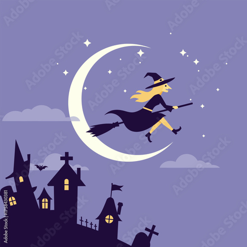 A cartoon witch with blonde hair flies on a broomstick across a crescent moon in a starry night sky above a spooky castle.