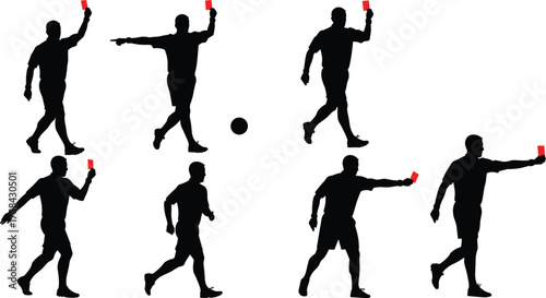 Silhouette vector illustration of soccer referee showing red card with football, disciplinary action, sports rules enforcement, penalty decision, isolated white background
