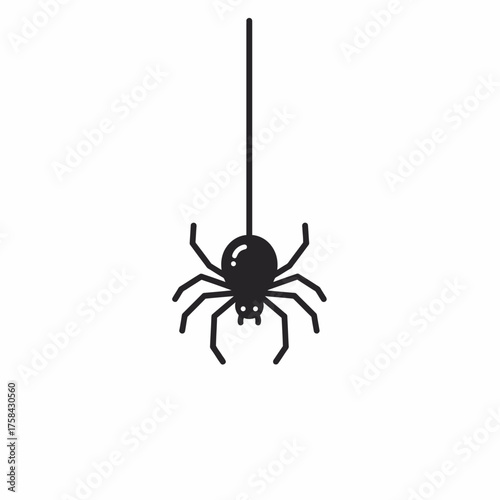 A simple black spider hanging from a thin black thread against a white background.