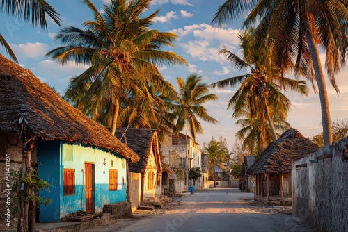 Tropical Village Street at Sunset with Palm Trees Buildings and Warm Lighting