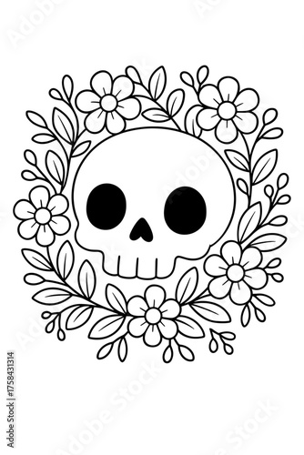 Skull illustration surrounded by floral wreath for детские раскраски  