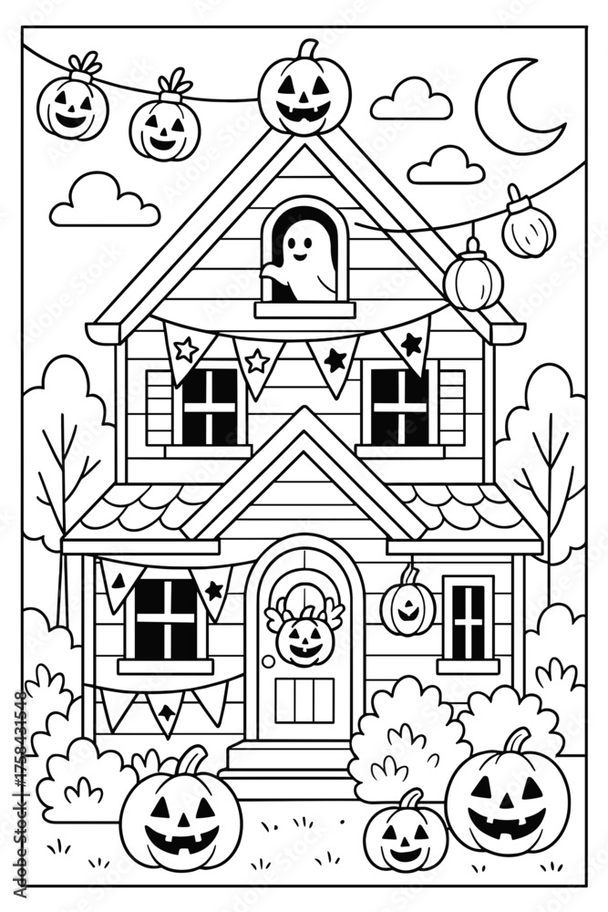 Fototapeta premium Cozy Halloween house to color with pumpkins and ghost decorations 