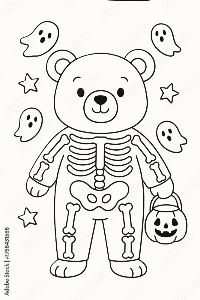 Obraz premium Cute bear cub in skeleton costume with Halloween ghosts and stars 