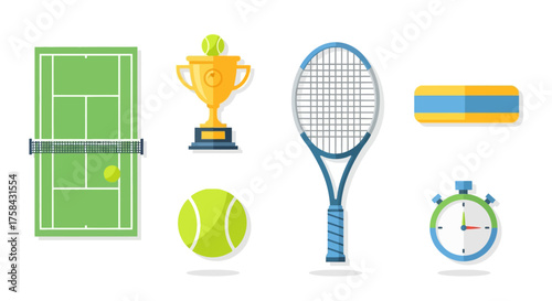 Collection of tennis equipment and symbols, including a court, racket, balls, trophy, and stopwatch.