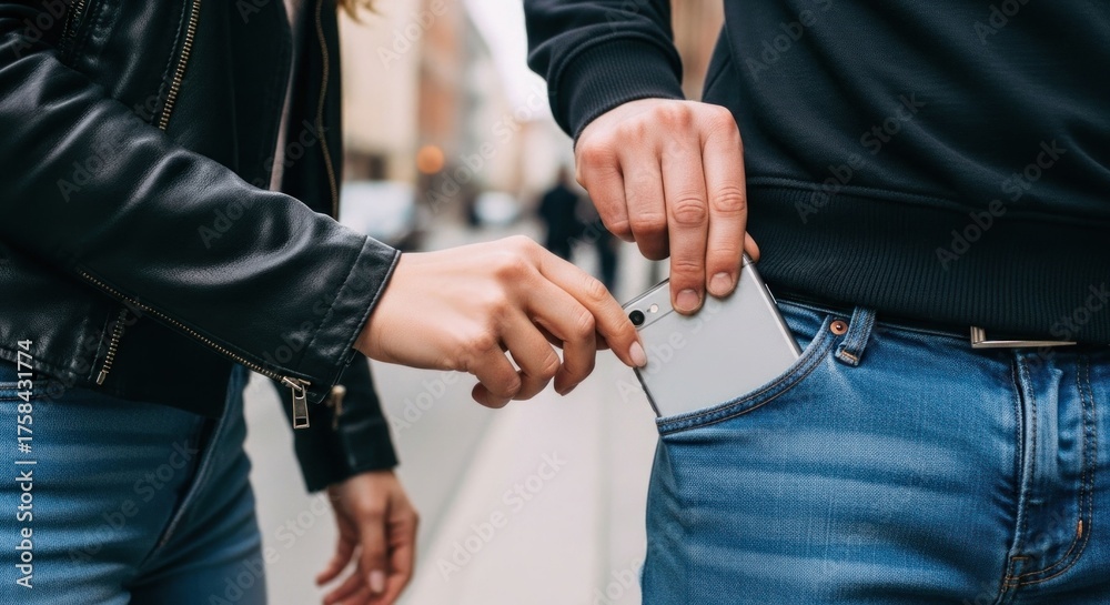Fototapeta premium Pickpocketing Hand slips phone from jeans pocket