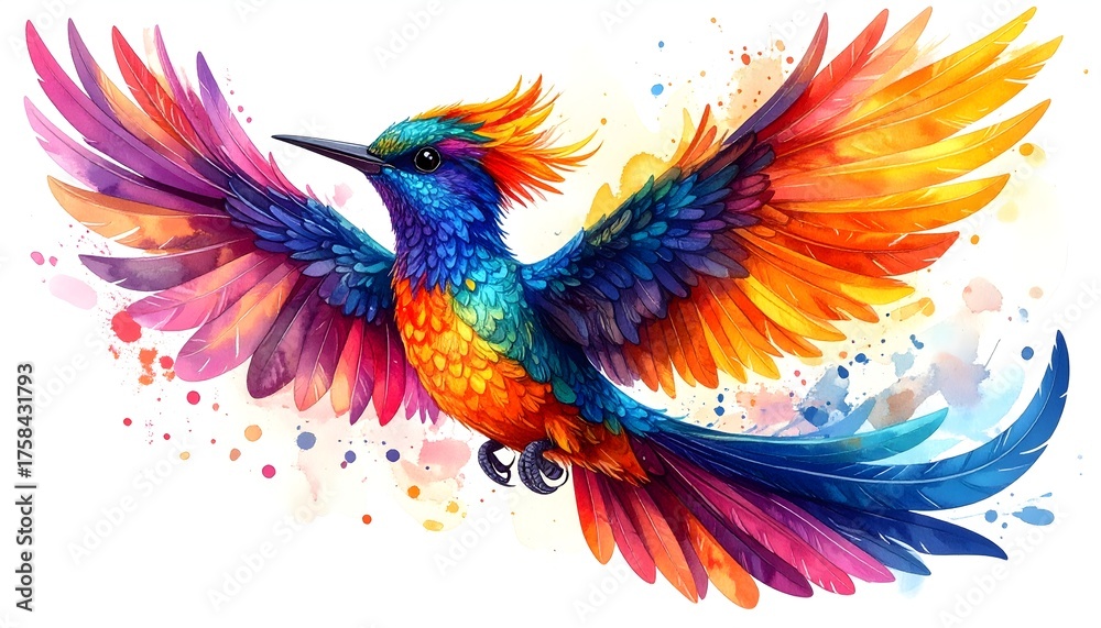 Obraz premium Vibrant colorful bird in flight with splashes of paint