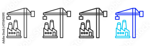 Factory Construction Icon Set Collection in Creative Outline Style for Industrial Engineering Business Featuring Multiple Thickness Variations and Modern Vector Design