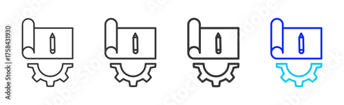 Mechanical Blueprint Icon Set Collection in Creative Outline Style for Industrial Engineering Business Featuring Multiple Thickness Variations and Modern Vector Design