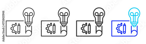 Idea Blueprint Icon Set Collection in Creative Outline Style for Industrial Engineering Business Featuring Multiple Thickness Variations and Modern Vector Design