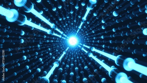 Abstract Blue Glowing Tunnel with Light Rays.