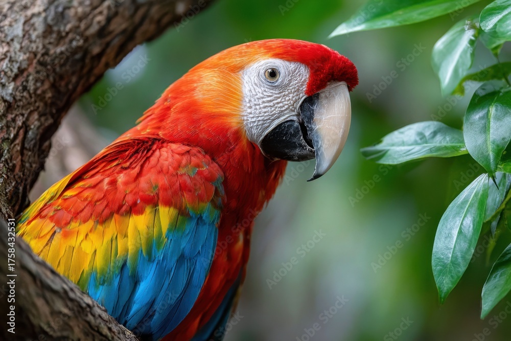 Obraz premium Colorful Scarlet Macaw Perched on a Tree Branch