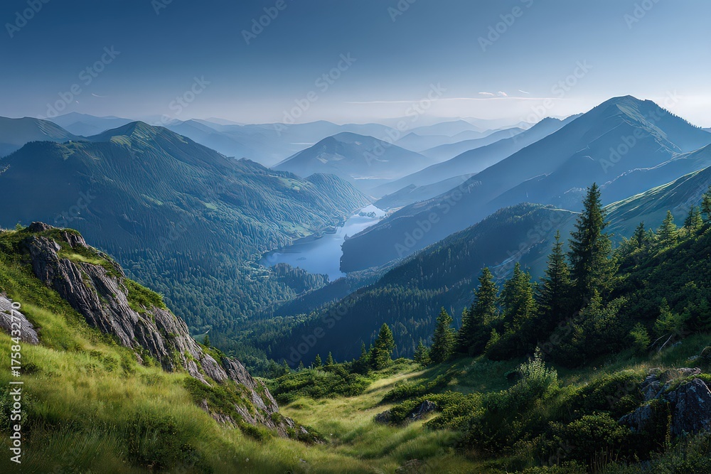 Fototapeta premium Panoramic View of Green Mountain Landscape with Lake Under Blue Sky Sunlight and Fog