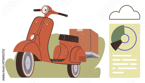 Vintage scooter carrying a box for delivery beside a cloud-connected data chart. Ideal for transportation, delivery service, logistics, communication, e-commerce, urban mobility, and stats tracking