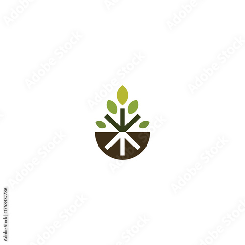 Minimalist and abstract vector logo design combining green leaves, a growing plant, and stylized roots within a semicircle of soil or a droplet shape