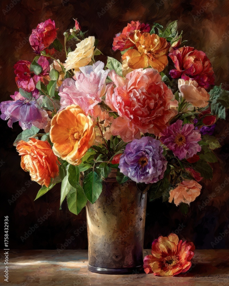 Obraz premium Vibrant Floral Arrangement in Rustic Vase for Home Decor Inspiration