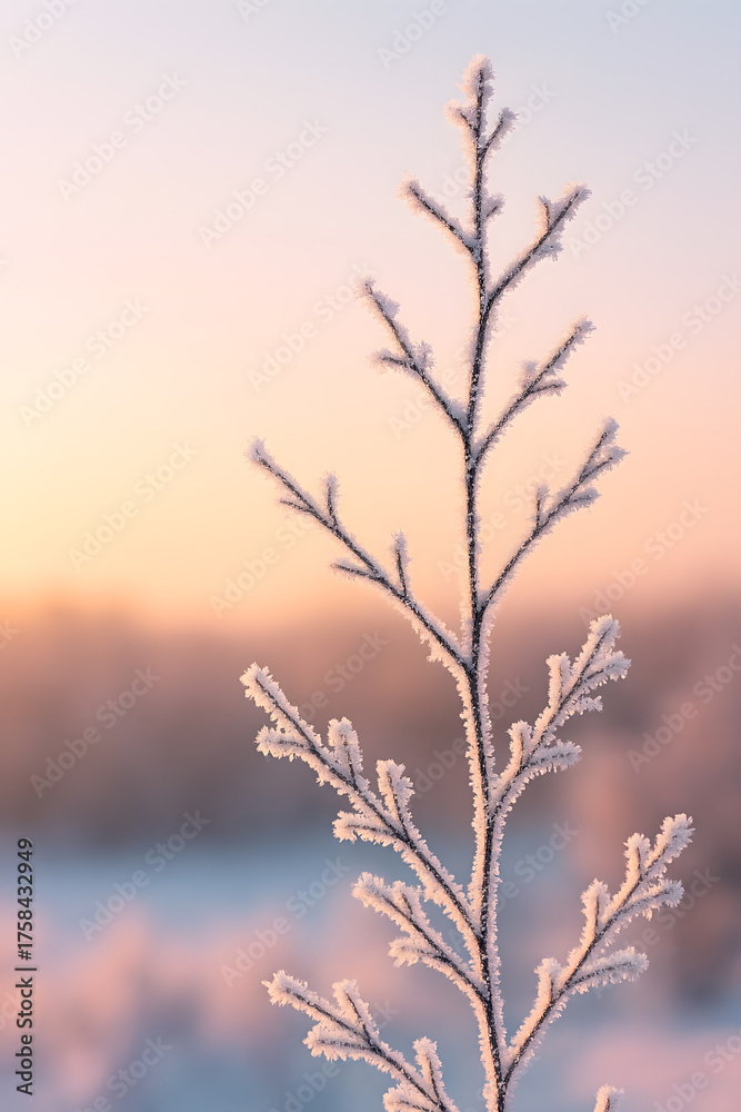 Obraz premium Frost covered plant branch in soft golden morning light