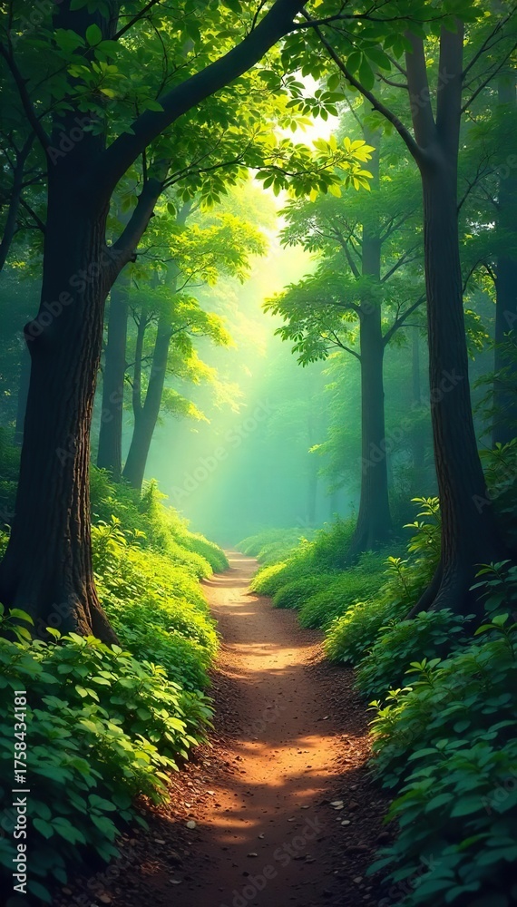 Fototapeta premium Winding Path Through Lush Forest A Sun-Dappled Adventure into the Unknown