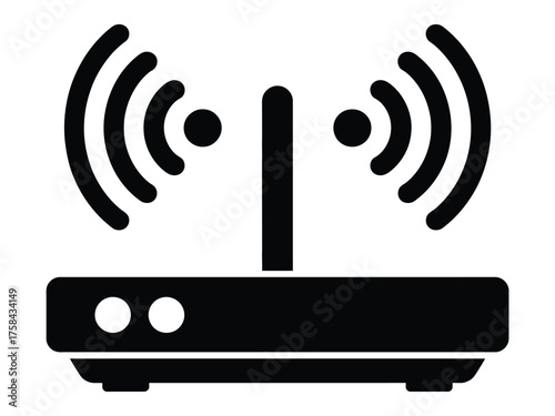 Minimalist black and white router icon design for wireless connectivity and network signal silhouette