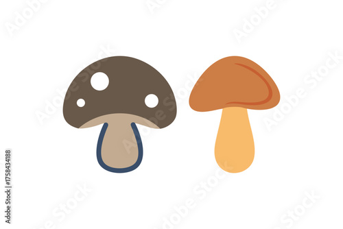 Two stylized mushrooms one dark brown and the other orange are shown