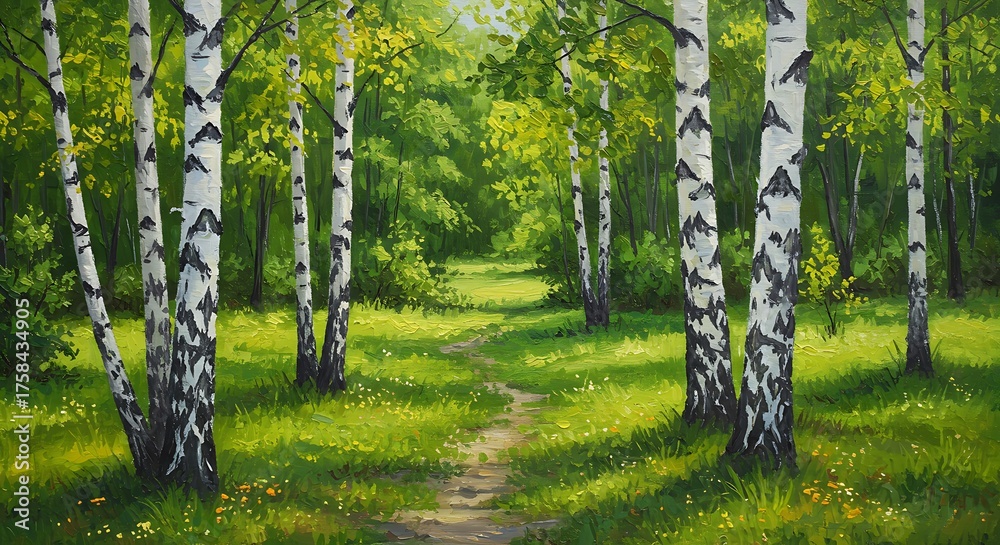 Obraz premium Forest landscape with birch trees and a path leading into the distance