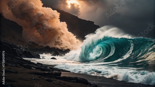 Fototapeta Naklejka Na Ścianę i Meble -  Dramatic ocean wave crashing against rocky shoreline under stormy skies