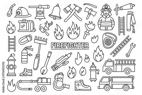 Vector firefighter equipment and symbols hand drawn line art illustration scalable eps icon silhouette