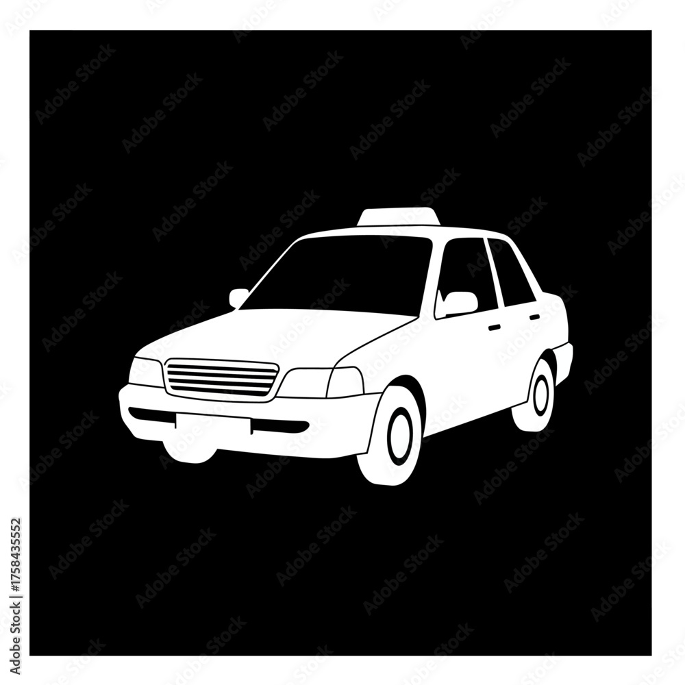 Fototapeta premium White silhouette vector illustration of a classic taxi cab isolated on a black background.