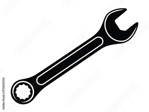 Black silhouette illustration of a combination wrench tool for mechanical and industrial applications silhouette