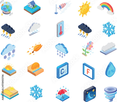 Isometric Weather Forecast and Seasons Icon Set: Rain, Sun, Snow, Temperature, and Natural Phenomena