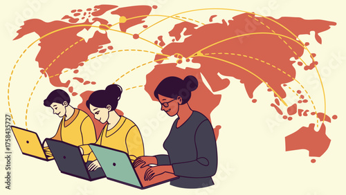Global Remote Work and Digital Collaboration Network Illustration with People Using Laptops