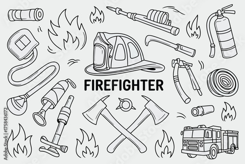 Firefighter equipment and symbols vector illustration scalable eps icon set silhouette
