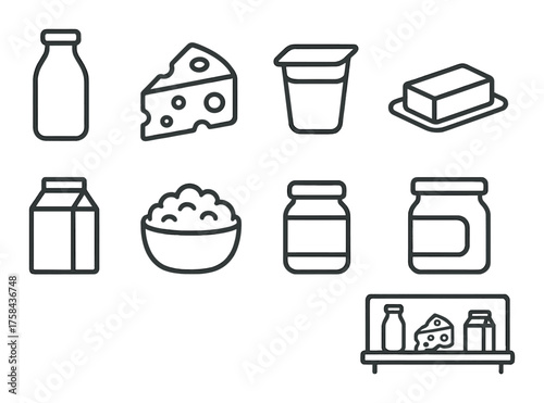 Monochrome dairy icons collection with cheese, milk, butter, and yogurt illustrations