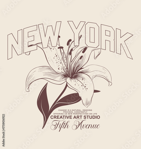 new york slogan with hand drawn lily illustration for kid t-shirt and other uses, vector graphic print