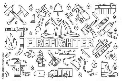 Firefighter themed black and white line art vector illustration scalable eps icon for general use silhouette