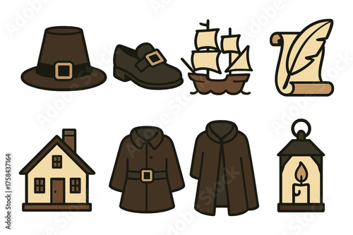 Colonial icons: ship, hat, shoe, scroll, house, lantern, coat