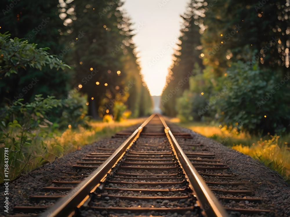 Fototapeta premium Railroad tracks extending into forest at sunset with fireflies