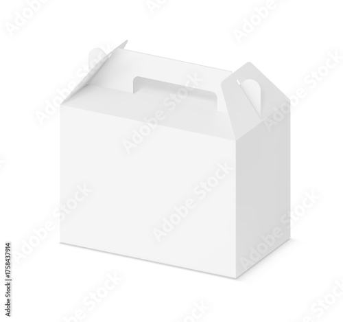 Gable box with handle for transport and sell your product mockup. Vector illustration isolated on white background. Easy to use for presentation your product, idea, promo, design. EPS10.