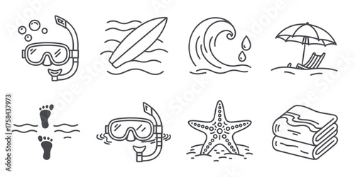 Vector set of eight elegant hand-drawn beach and summer icons for eps files silhouette