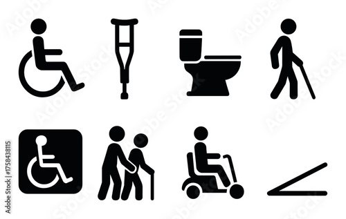 Accessible icons for mobility and assistance: wheelchair, crutches, toilet, walking, and scooter symbols