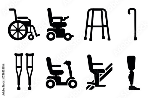 Silhouette icons of mobility aids and assistive devices on black background