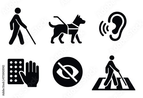 Accessibility symbols: visual, auditory, tactile, guide dog, walking cane, blindness