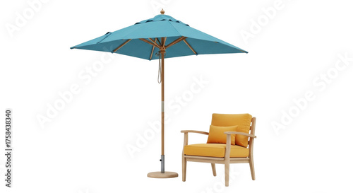 Isolated teal patio umbrella with lounge chair for relaxing in the garden space outdoors
