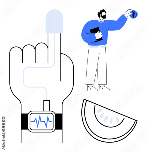 Hand with smartwatch tracking heartbeat, person holding dollar sign, and nutrition symbol. Ideal for fitness, health, diet, wellness, finance lifestyle technology. Simple flat metaphor